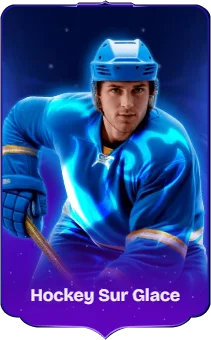Joueur de hockey sur glace en action avec équipement bleu et crosse