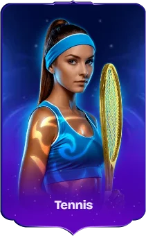 Joueuse de tennis en tenue bleue tenant une raquette lumineuse