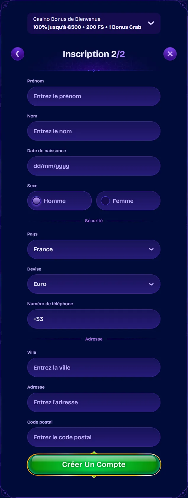 Formulaire d’inscription GeniePlay étape 2 avec champs utilisateur à remplir