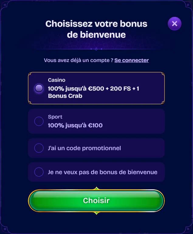 Écran de sélection du bonus de bienvenue avec options casino, sport ou code